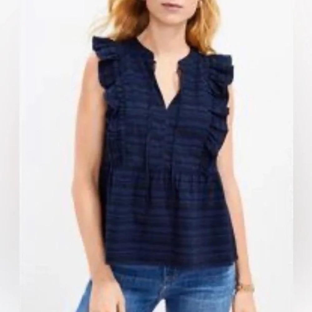 LOFT Navy‎ Ruffle Peplum Blouse Sz S Cotton Rayon Striped Top Cottagecore